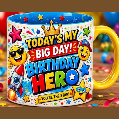 Super Star Birthday Mug Mockup Pair | Today's My Big Day! | Birthday Hero Coffee Cups with Star Emojis, Rocket Emojis, Sparkles, Smiley Faces & Colorful Inner Rim cover image.