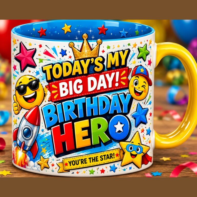 Super Star Birthday Mug Mockup Pair | Today's My Big Day! | Birthday Hero Coffee Cups with Star Emojis, Rocket Emojis, Sparkles, Smiley Faces & Colorful Inner Rim cover image.