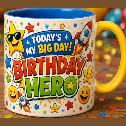 Kids Super Star Birthday Mug Mockup Pair | Birthday Hero Mug Set | Rocket, Stars, Smiley Faces & Sparkles Design with Wrap-Around Star Pattern cover image.