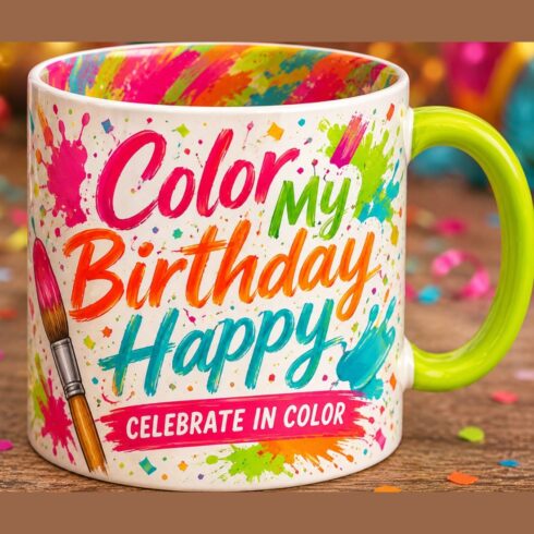 Colorful Paint Splash Birthday Mug Mockup Pair | Celebrate in Color Mug Set | Neon Pink, Lime, Aqua & Orange Artistic Birthday Coffee Cups cover image.