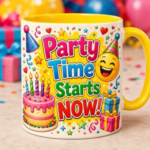 Colorful Kids Festive Birthday Mug Mockup Pair | Fun Party Theme with Cake & Gifts cover image.