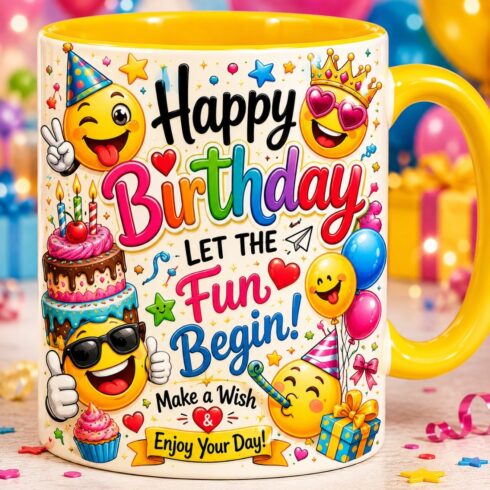 Colorful Kids Emoji Festive Birthday Mug Mockup Pair, Party Mug Design with Confetti, Gifts & Happy Face cover image.