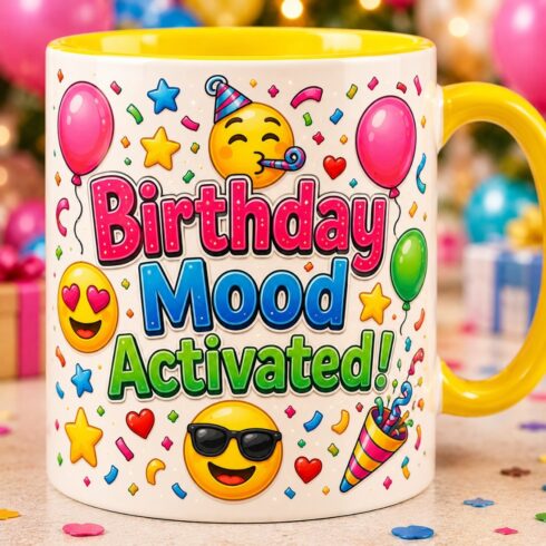 Cute Birthday Mood Activated! Mug Mockup Pair | Kids Emoji Birthday Mug | Colorful Party Coffee Cup cover image.