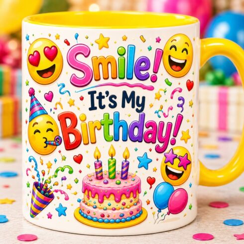 Cute Kids Celebration Mug Mockup Pair |Colorful Emoji Design | Kids Party Coffee Cup cover image.