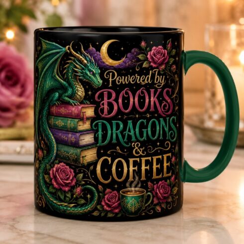 Book Lover Mug Mockup Pair, Powered by Books Dragons & Coffee, Fantasy Aesthetic Cup cover image.