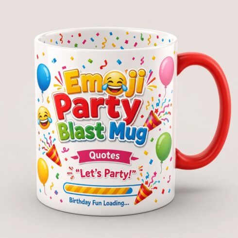 Emoji Party Blast Birthday Mug Mockup | Let's Party Coffee Mug | Birthday Fun Loading Design | Colorful Emoji Celebration Cup | Gift for Kids & Birthday Lovers cover image.