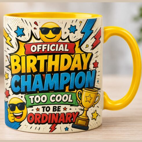 Cool Kid Birthday Mug Mockup Pair – Official Birthday Champion, Too Cool to Be Ordinary, Comic Style Full-Wrap Design with Bright Yellow Handle cover image.