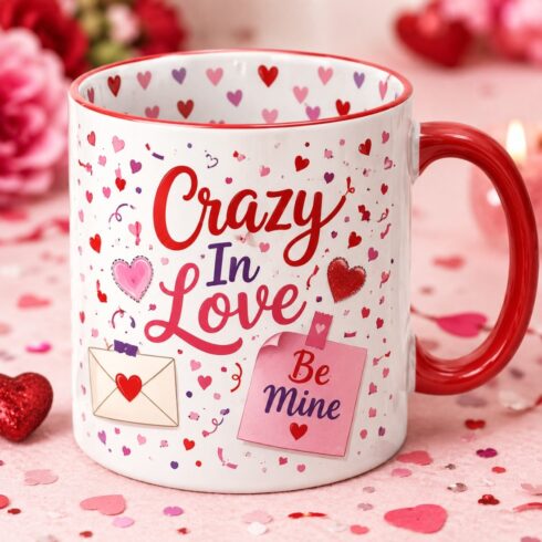 Valentine's Confetti Mug Pair Mockup | Crazy In Love & Be Mine Mug Set | Romantic Couple Coffee Cups | Heart Pattern Interior | Valentine's Day Gift cover image.