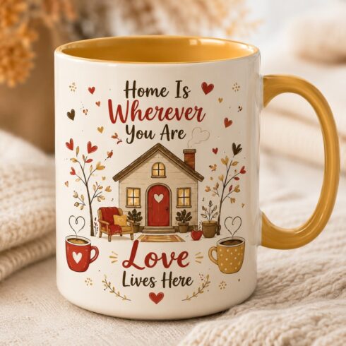 Cozy Love Mug Pair Mockup | Home Is Wherever You Are & Love Lives Here Mug Set | Romantic Couple Coffee Cups | Warm-Toned Interior | Cozy Home Gift cover image.