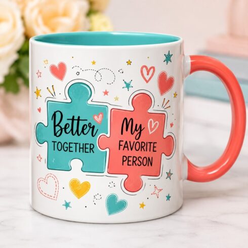 Colorful Relationship Mug Mockup Pair | Cute Puzzle Piece Love Coffee Cups| Romantic Gift Mockup cover image.