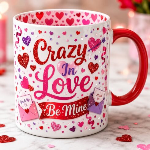 Crazy In Love Valentine Mug Pair | Be Mine Coffee Cup Set | Red, Pink, Purple & White Hearts, Confetti and Love Notes Design cover image.