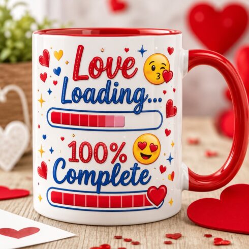 Cute Couple Mug Mockup Pair | Love Loading • 100% Complete | Red, Blue, Yellow & White Coffee Cups with Hearts, Emojis and Progress Bars cover image.