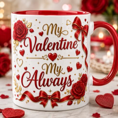 Valentine Couple Mug Mockup Pair | My Valentine • My Always | Elegant Red Rose, Gold Heart & Ribbon Bow Romantic Coffee Cup Set cover image.