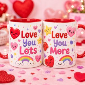 Kawaii Couple Mug Mockup Pair | Love You Lots • Love You More | Cute Red, Pink, Lavender & Yellow Rainbow Heart Coffee Cup Set cover image.