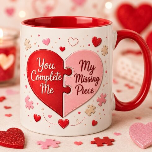 Soulmate Heart & Love Puzzle Mug Mockup Pair| Cute Romantic Love Connection Coffee Cups cover image.