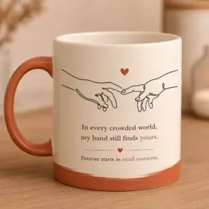 Minimal Couple Mug Set | Hands Finding Each Other Line Art | Romantic Coffee Mug Pair | Anniversary Gift | Cream Terracotta Aesthetic cover image.