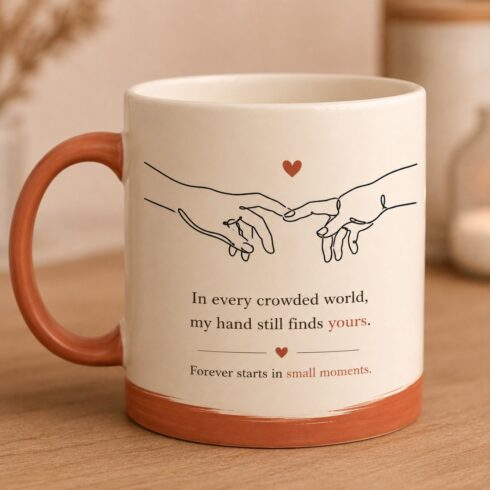 Minimal Couple Mug Set | Hands Finding Each Other Line Art | Romantic Coffee Mug Pair | Anniversary Gift | Cream Terracotta Aesthetic cover image.