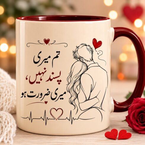 Modern Instagram-Style Couple Love Romantic Mug Pair | Urdu Quote & Minimal Hugging Couple Design cover image.