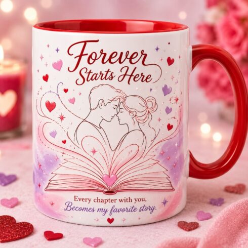 Love Story Mug Mockup Pair | Forever Starts Here Quote | Couple Silhouette Line Art | Luxury Valentine's Mug cover image.