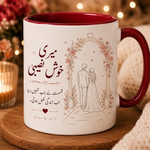 Elegant Valentine's Urdu Love Quote Mug Mockup Pair | میری خوش نصیبی | Minimal Couple Illustration | Premium Mug Display cover image.