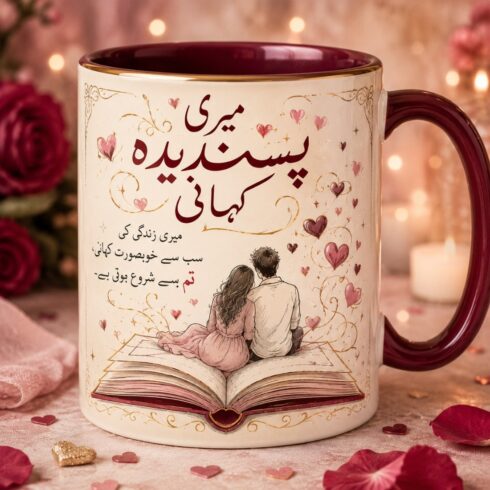 Elegant Urdu Poetry Mug Mockup |Romantic Couple Line Art| Valentine's Gift Coffee Mug | Deep Red & Rose Gold cover image.