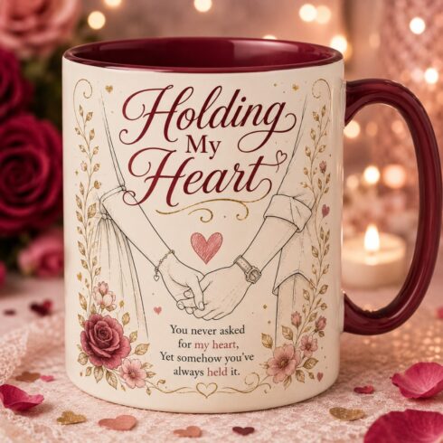 Modern Love Mug Mockup Pair | Holding My Heart | Couple Line Art | Burgundy Pink Ceramic Mug Display cover image.