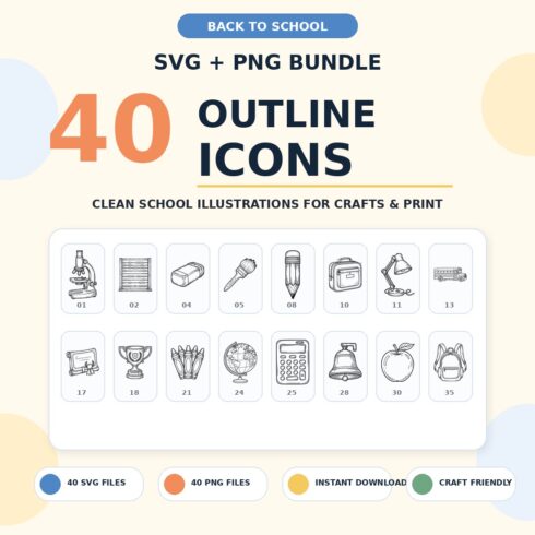 Back to School SVG Bundle – 40 Outline Icons cover image.