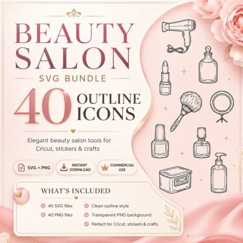 Beauty Salon Tools SVG Bundle ā 40 Outline Icons cover image.