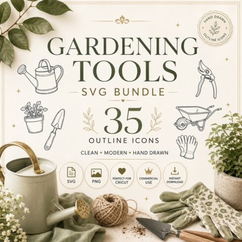 Gardening Tools SVG Bundle ā 35 Outline Icons cover image.