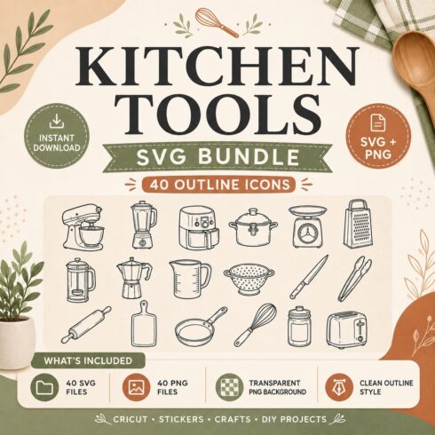 Kitchen Tools SVG Bundle – 40 Outline Icons cover image.