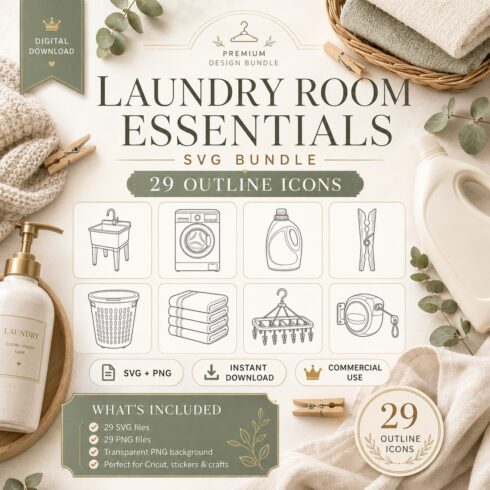Laundry Room Essentials SVG Bundle – 29 Outline Icons cover image.