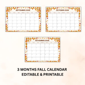 2026 Fall Calendar Printable - Editable Autumn Monthly Planner (Sept, Oct, Nov) cover image.