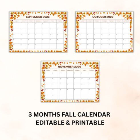2026 Fall Calendar Printable - Editable Autumn Monthly Planner (Sept, Oct, Nov) cover image.