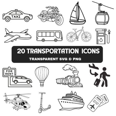20 Transportation Icons Bundle | Vehicle Line Art SVG PNG | Car Bus Train Boat Plane Clipart | Transparent Background | Commercial Use cover image.