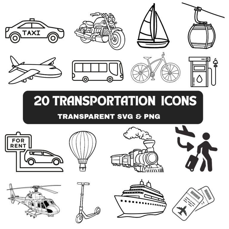 20 Transportation Icons Bundle | Vehicle Line Art SVG PNG | Car Bus Train Boat Plane Clipart | Transparent Background | Commercial Use cover image.