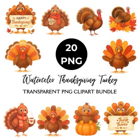 Watercolor Thanksgiving Turkey Clipart Bundle – 20 Transparent PNG Designs cover image.