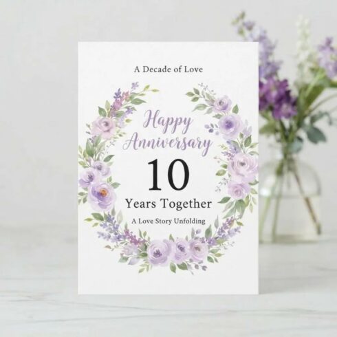 Customizable Purple Floral 10 Year Anniversary Card | 10th Wedding Anniversary Card | Cotton Anniversary Card | First Anniversary Card cover image.