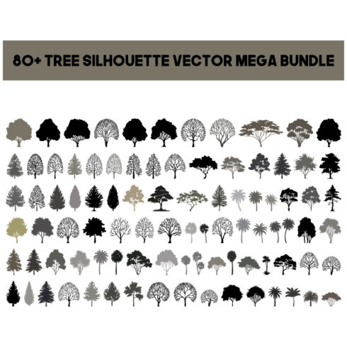 80+ Tree Silhouette Vector Mega Bundle, Tree Line Art SVG, Nature Digital Stamp Clipart for Graphic Design, Laser Cut Files, Commercial Use cover image.