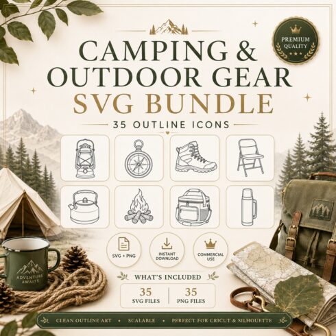 Camping & Outdoor Gear SVG Bundle – 35 Outline Icons cover image.