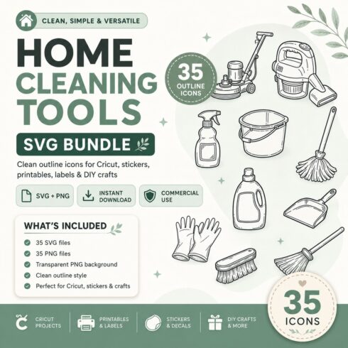 Home Cleaning Tools SVG Bundle – 35 Outline Icons cover image.