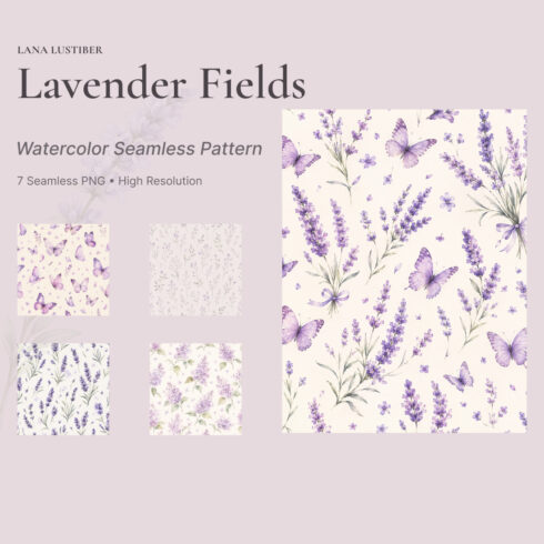 Lavender Fields – Watercolor Seamless Pattern Collection | 7 Floral PNG Designs cover image.