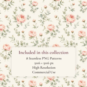 Peony Garden Watercolor Seamless Pattern Collection | 8 PNG Patterns cover image.