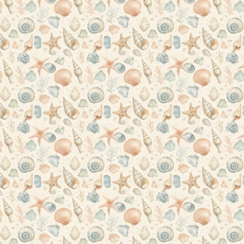 Coastal Treasures – Watercolor Seashell & Ocean Seamless Pattern Pack cover image.