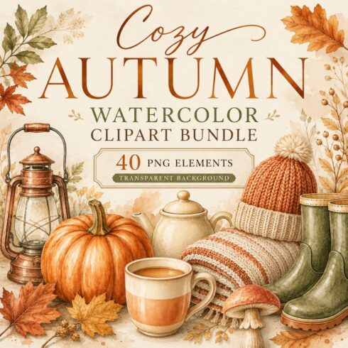Cozy Autumn Watercolor Clipart Bundle – 40 PNG cover image.