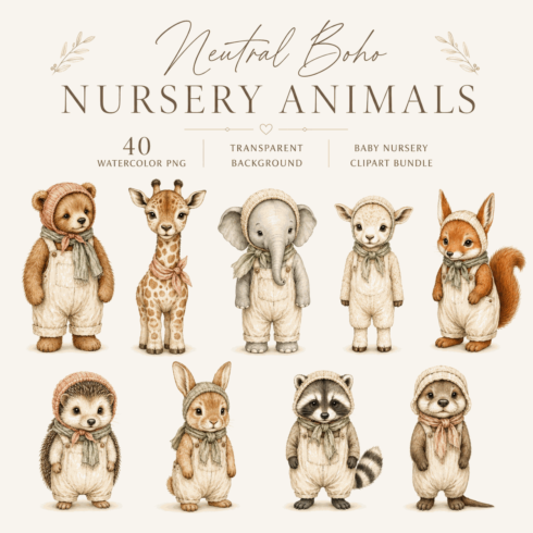 Neutral Boho Nursery Animals Clipart Bundle – 40 Transparent Watercolor PNG cover image.