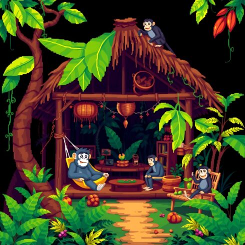 60+ Pixel Jungle Houses & Tropical Retreats Bundle – Bungalows, Hideaways, Huts, Treehouses & Villas | High-Detail Tropical Architecture PNGs cover image.