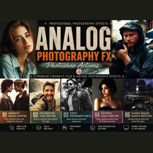 Analog Photography FX Photoshop Actions cover image.