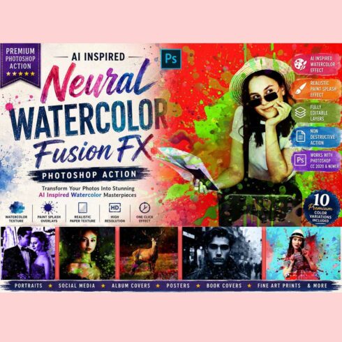 Neural Watercolor Fusion FX Photoshop Action cover image.