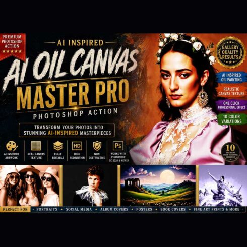 AI Oil Canvas Master Pro Photoshop Action cover image.