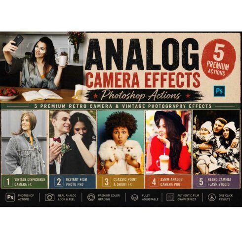 Analog Camera Effects Photoshop Actions cover image.